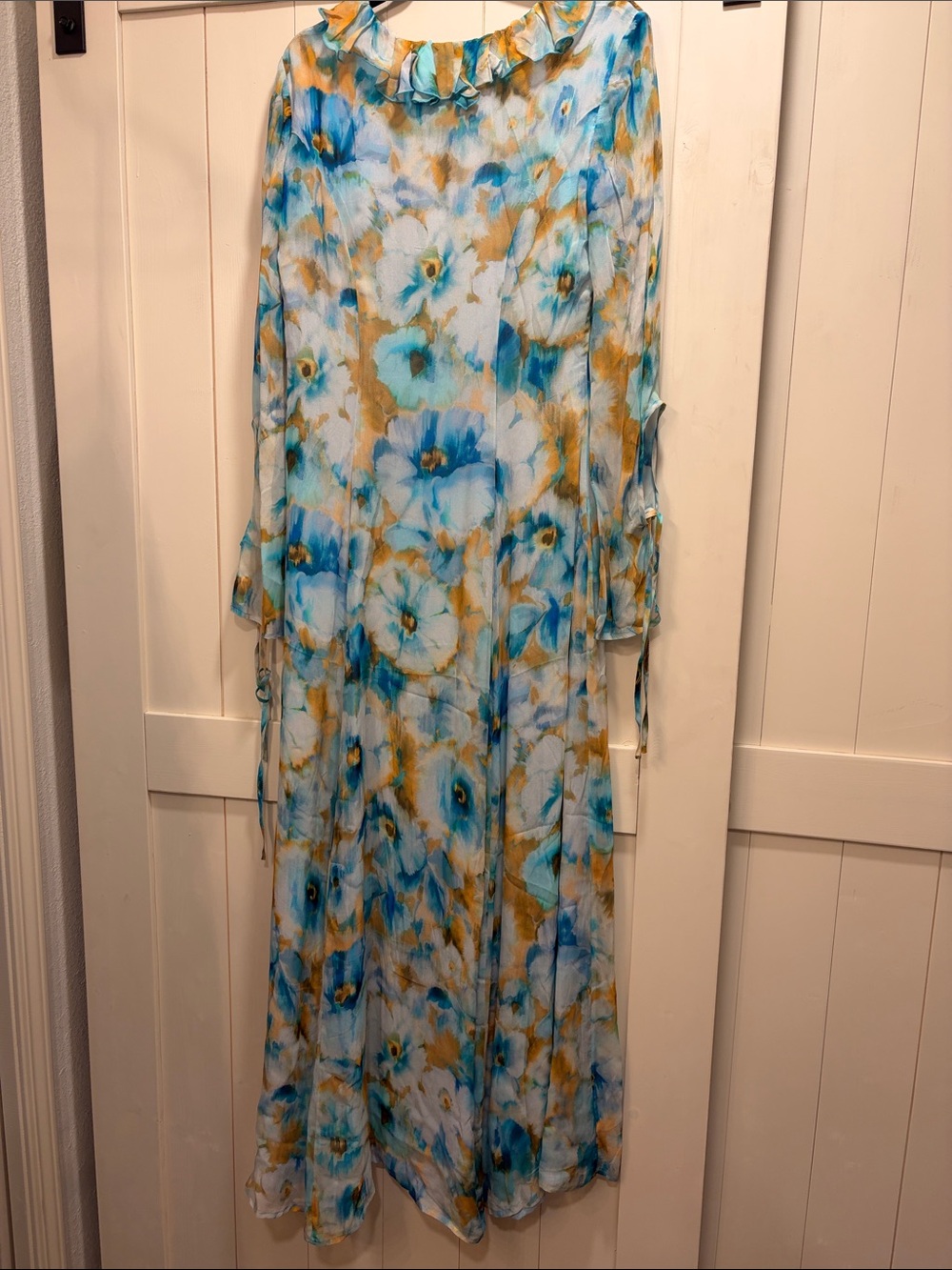 Sky Blue Floral Ruffled V-Neck Maxi Dress - Picture 5 of 6